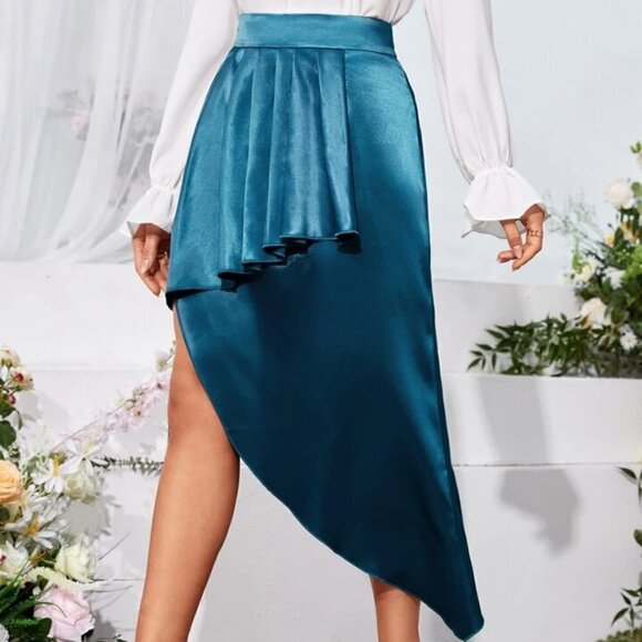 Shein Teal Unity Ruffle Trim Asymmetrical Hem Satin Skirt, Size Large - Picture 3 of 15